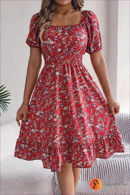Midi Dress with Smocked Waist - Garden Party Ready for A-line, Boho, Casual, Cotton,