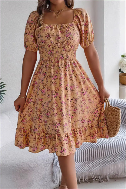 Midi Dress with Smocked Waist - Garden Party Ready for A-line, Boho, Casual, Cotton,