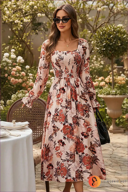 Midi Dress with Square Neckline - Countryside Charm for A-line, Autumn, Boho, Casual,