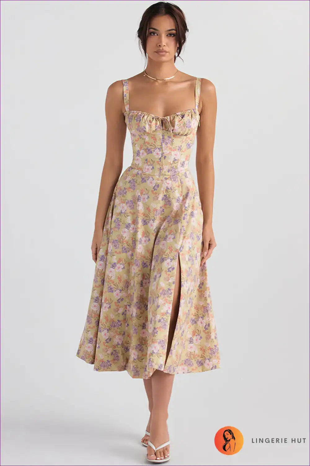 Midi Dress with Square Neckline - Garden Party Grace