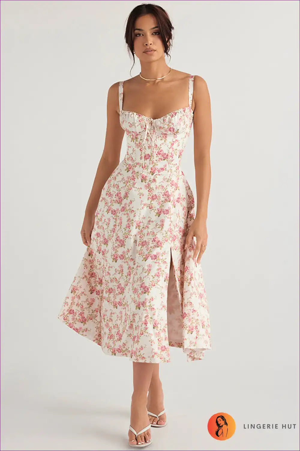 Midi Dress with Square Neckline - Garden Party Grace