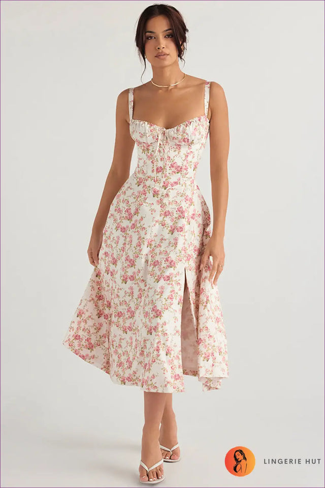 Midi Dress with Square Neckline - Garden Party Grace