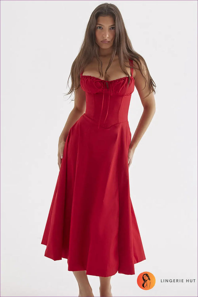 Midi Dress with Square Neckline - Garden Party Grace