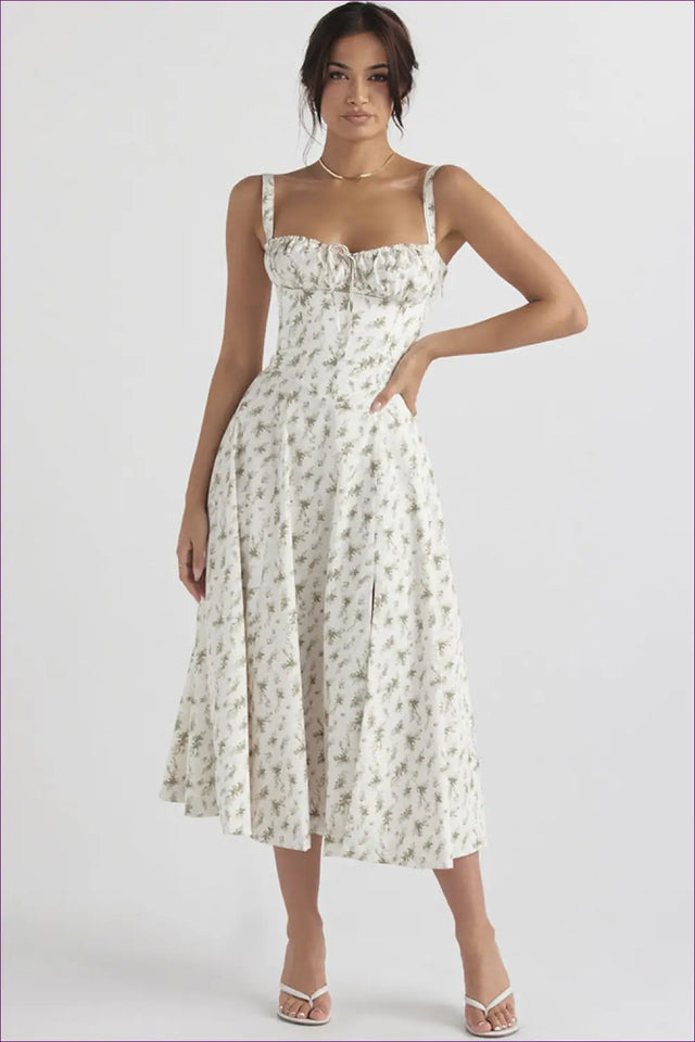 Midi Dress with Square Neckline - Garden Party Grace