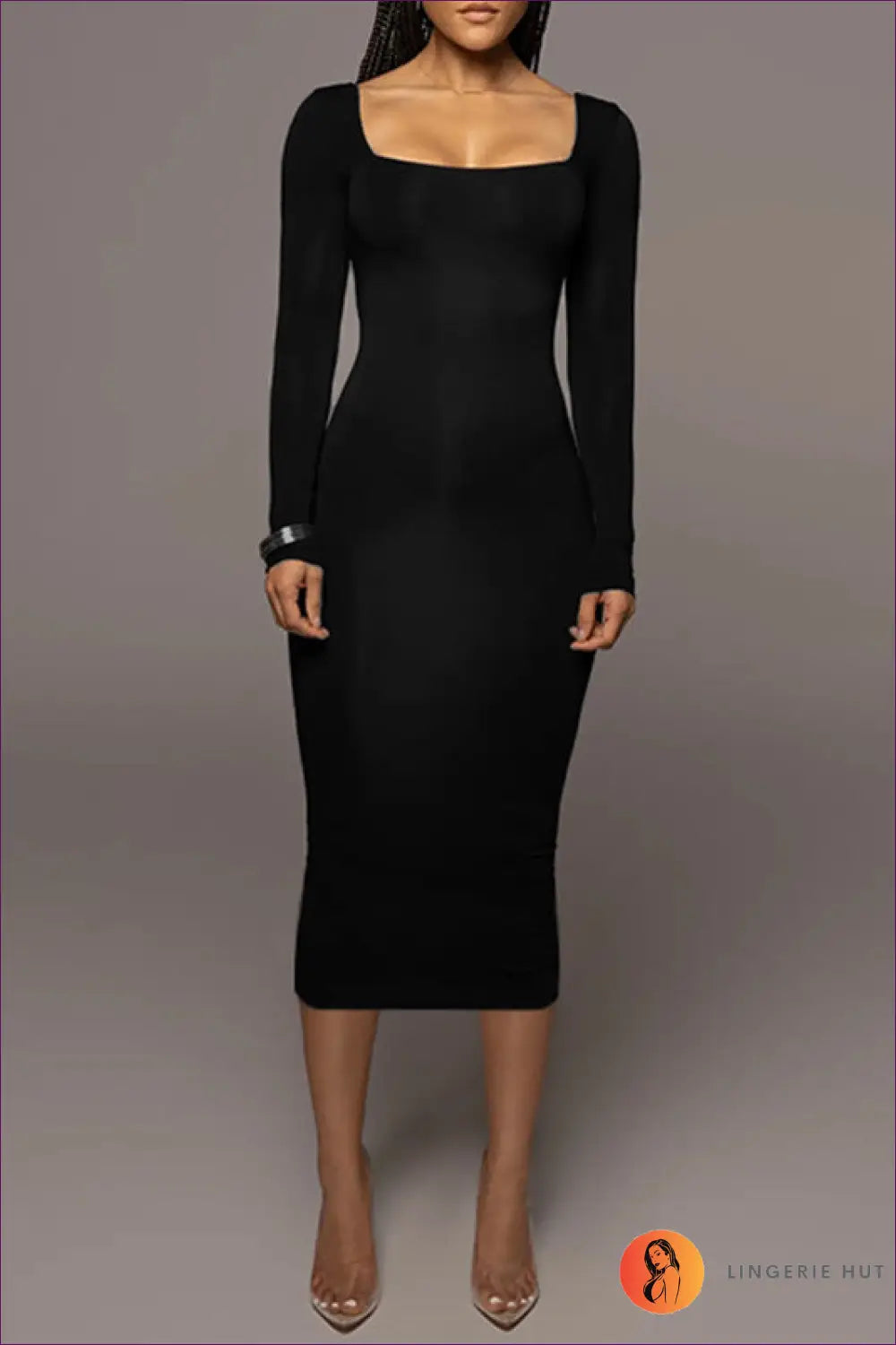Midi Dress with Square Neckline - Minimalist Chic - s / Black - Dresses - Lingerie Hut - All Season • Bodycon • Casual