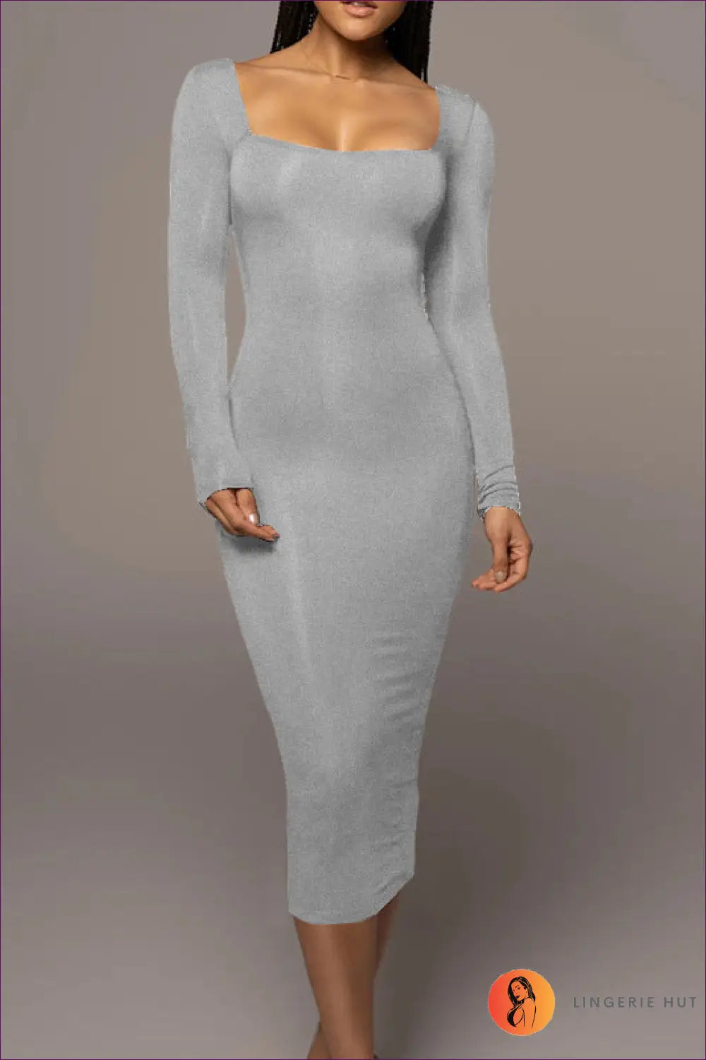 Midi Dress with Square Neckline - Minimalist Chic - s / Gray - Dresses - Lingerie Hut - All Season • Bodycon • Casual