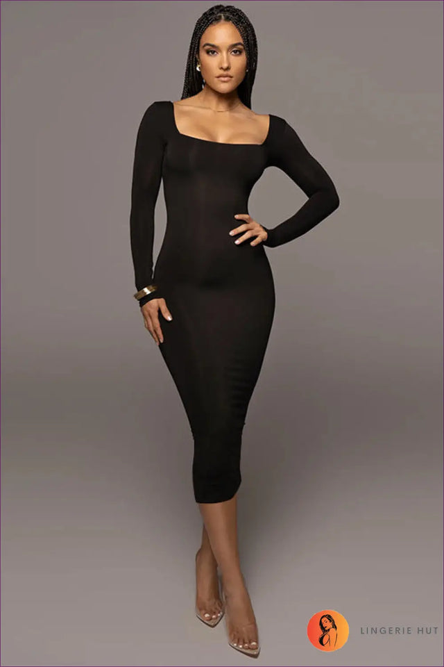 Midi Dress with Square Neckline - Minimalist Chic
