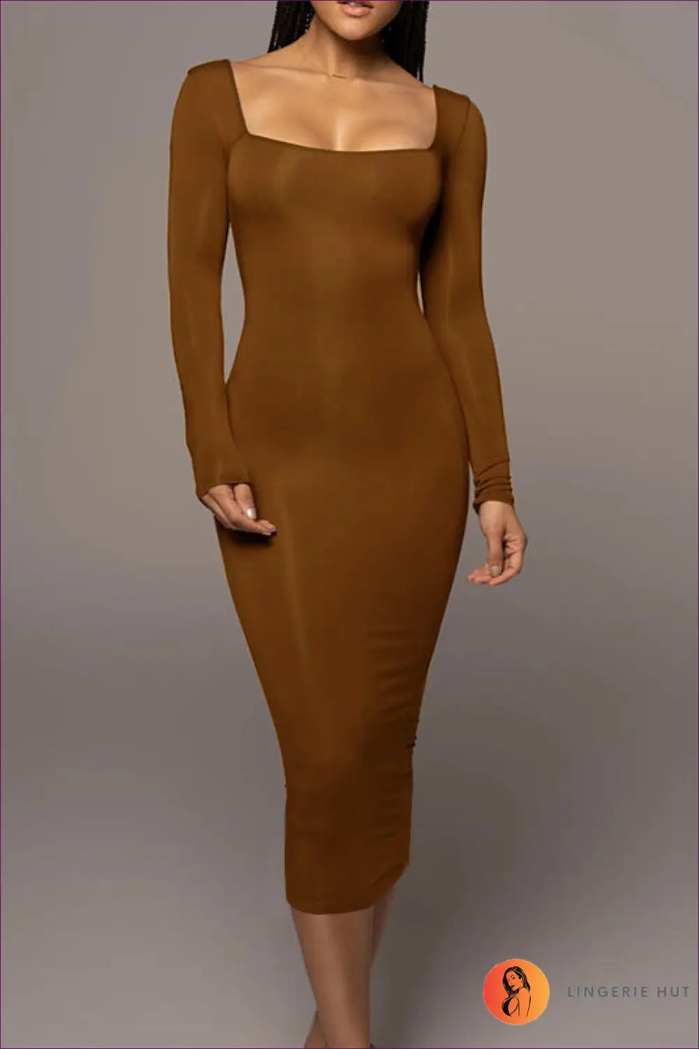 Midi Dress with Square Neckline - Minimalist Chic - s / Light Brown - Dresses - Lingerie Hut - All Season • Bodycon