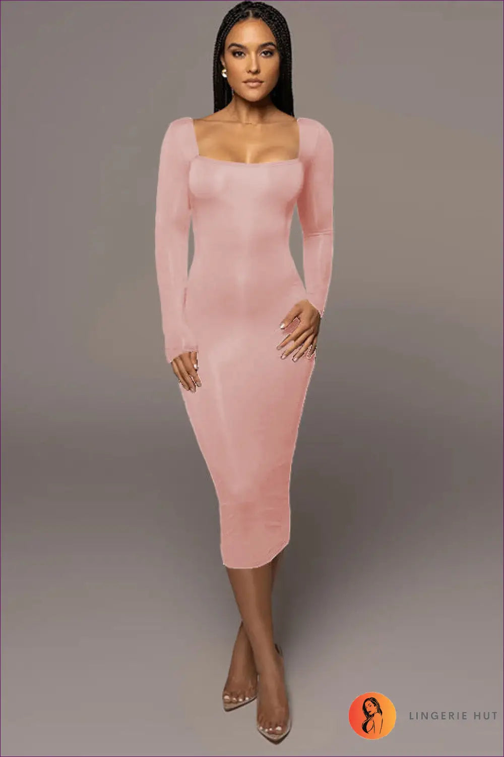Midi Dress with Square Neckline - Minimalist Chic - s / Pink - Dresses - Lingerie Hut - All Season • Bodycon • Casual