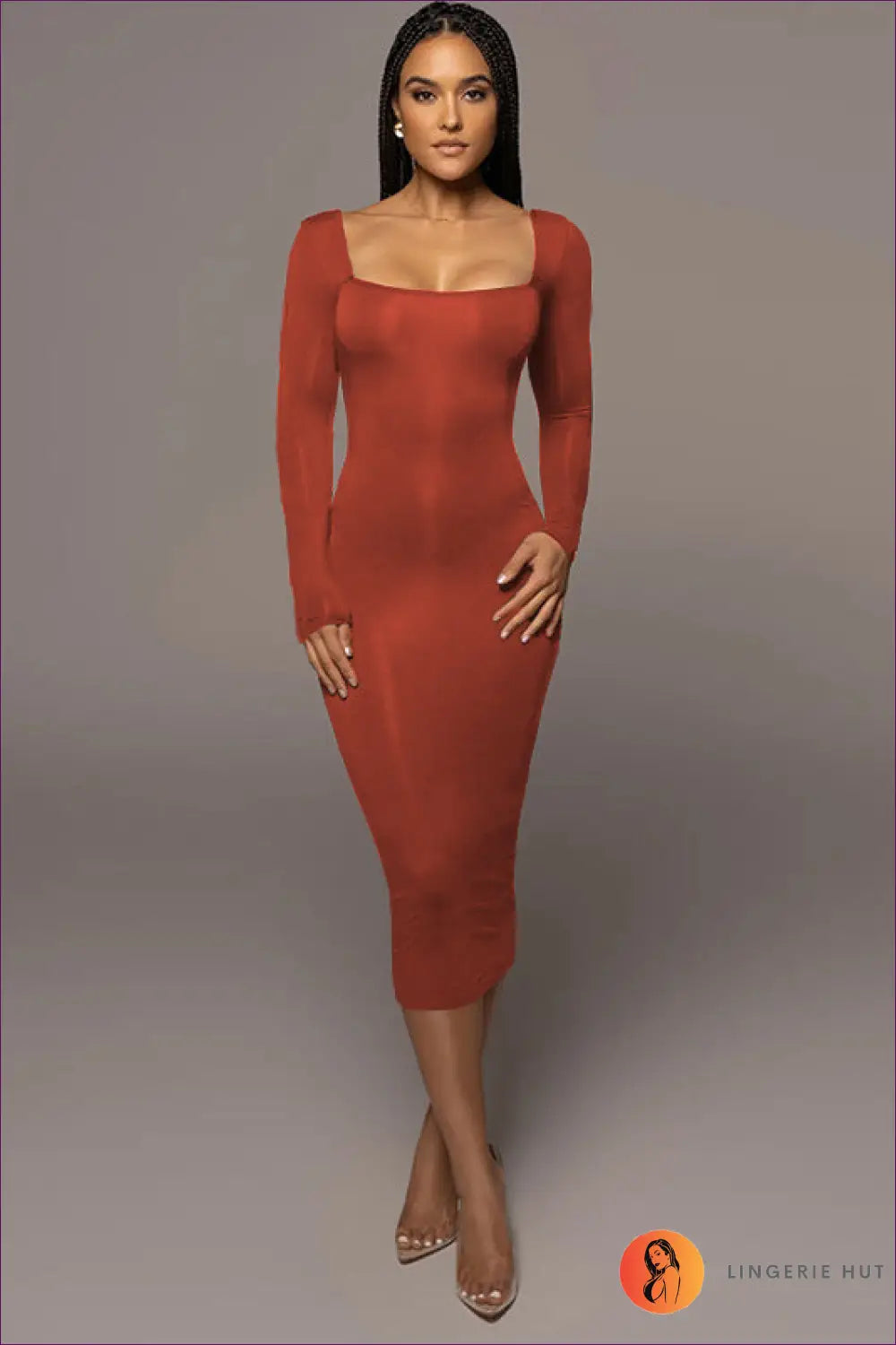 Midi Dress with Square Neckline - Minimalist Chic - s / Red - Dresses - Lingerie Hut - All Season • Bodycon • Casual