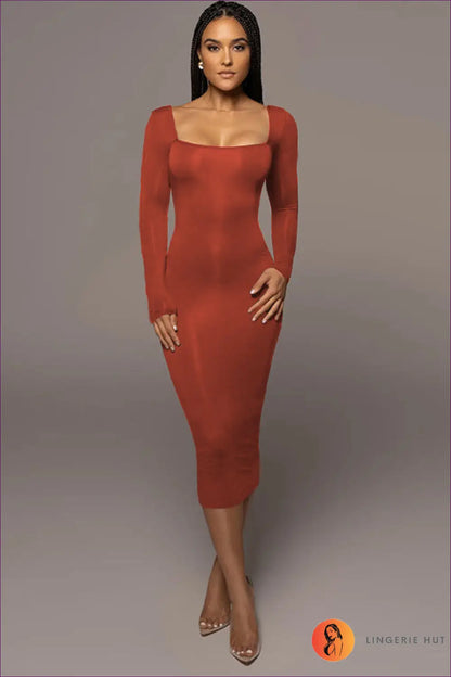 Midi Dress with Square Neckline - Minimalist Chic - s / Red - Dresses - Lingerie Hut - All Season • Bodycon • Casual