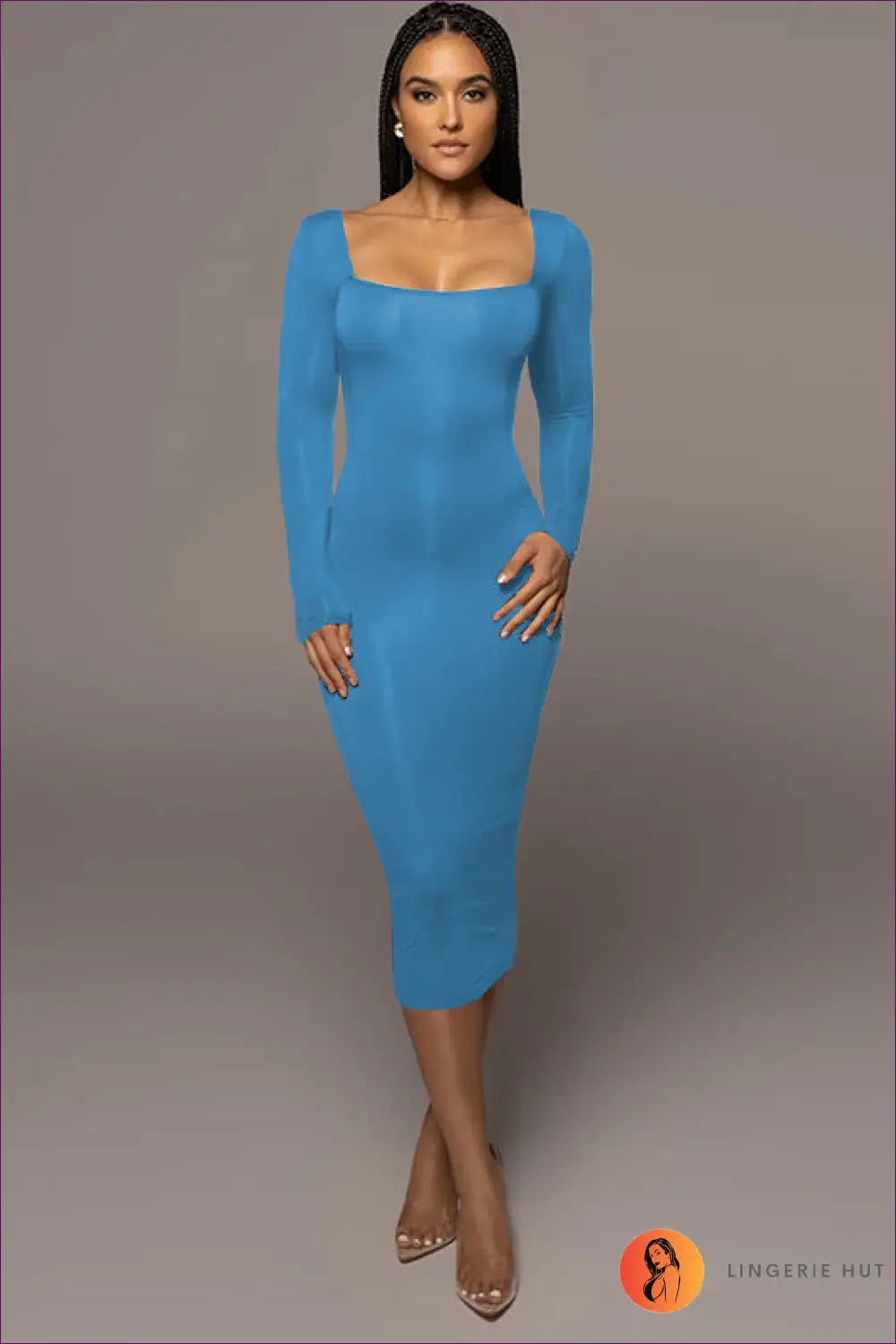 Midi Dress with Square Neckline - Minimalist Chic - s / Blue - Dresses - Lingerie Hut - All Season • Bodycon • Casual