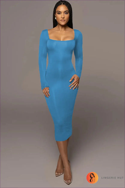 Midi Dress with Square Neckline - Minimalist Chic - s / Blue - Dresses - Lingerie Hut - All Season • Bodycon • Casual