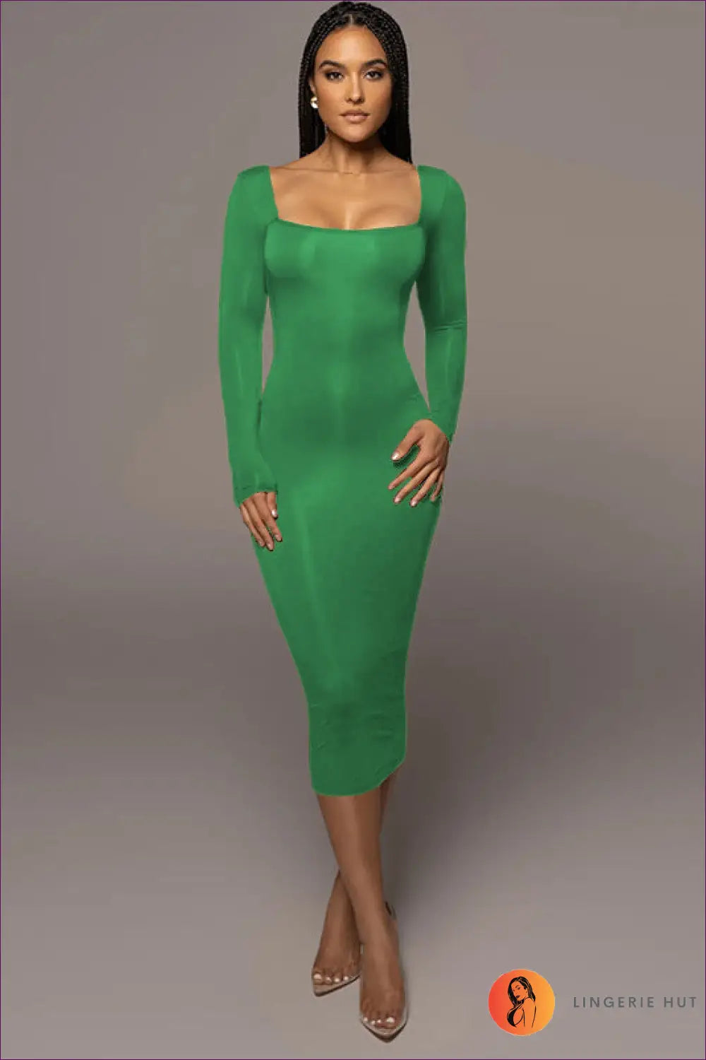 Midi Dress with Square Neckline - Minimalist Chic - s / Green - Dresses - Lingerie Hut - All Season • Bodycon • Casual