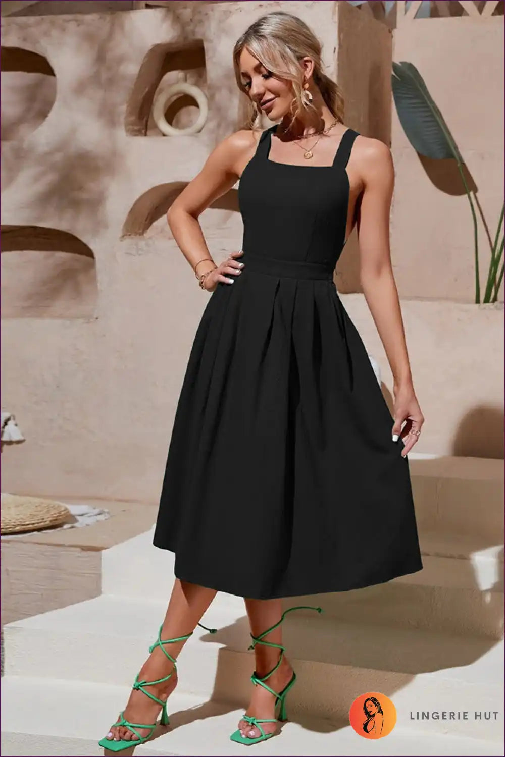 Midi Dress with Square Straps - Minimalist Chic for A-line, All Season, Casual, Dress, Everyday