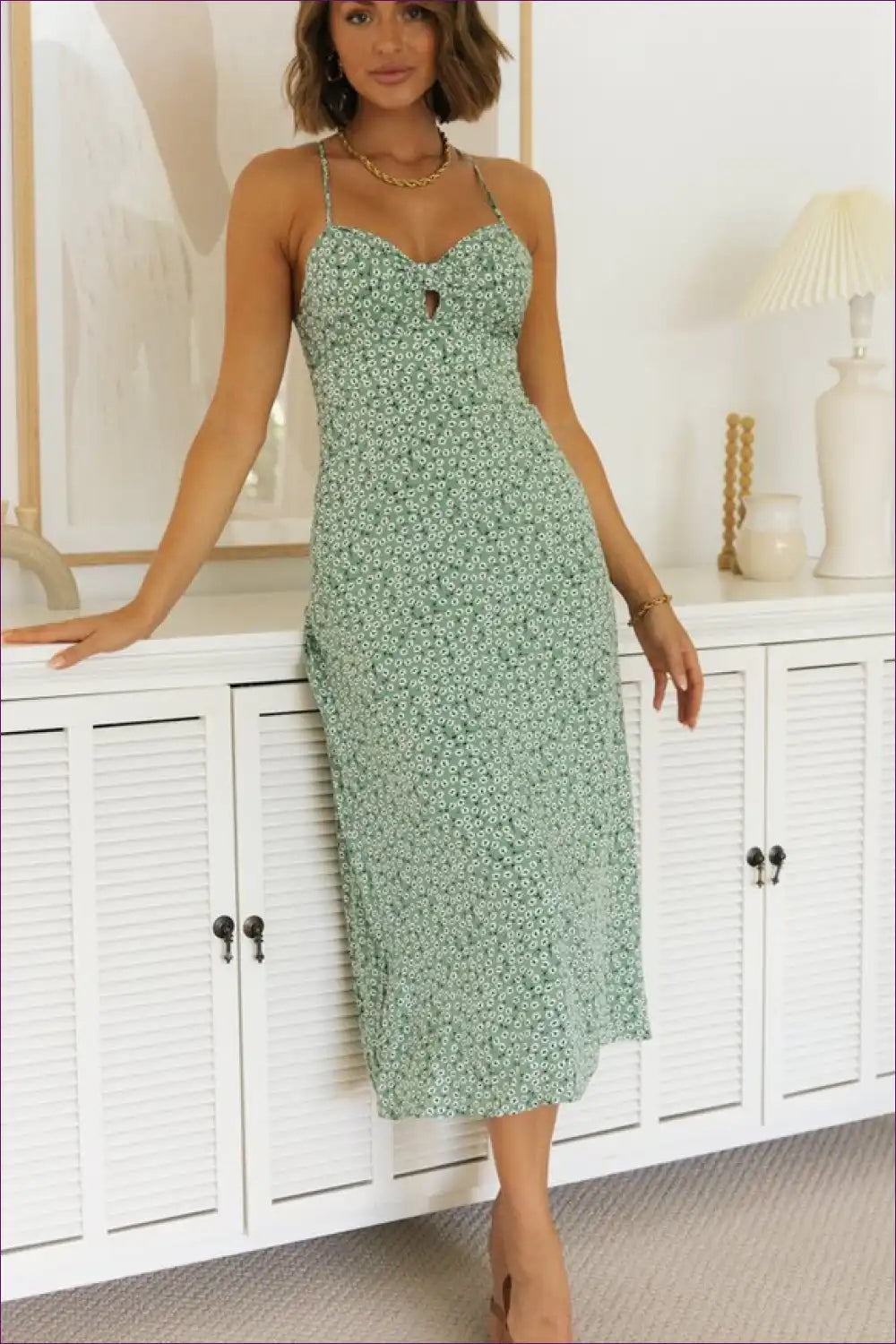 Midi Dress with Sweetheart Neckline - Garden Romance for A-line, All Season, Boho, Casual, Cotton