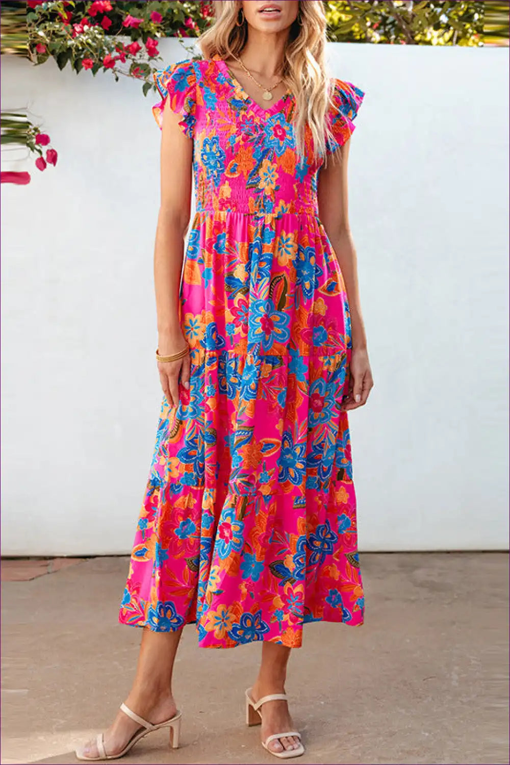 Midi Dress with Tiered Ruffles - Holiday Confidence for A-line, Boho, Casual, Dress, Everyday