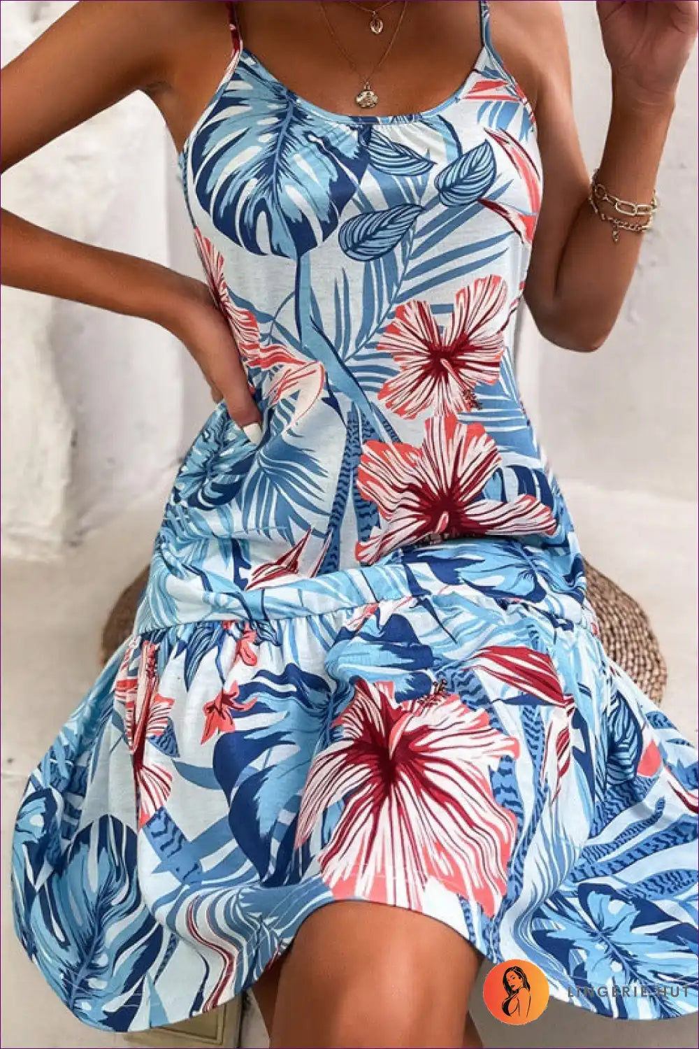 Midi Dress with Tropical Print - Vacation Confidence for A-line, Backless, Boho, Casual, Cutout