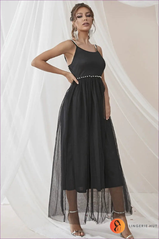Midi Dress with Tulle Overlay - Celebration Ready - s / Black - Dresses - Lingerie Hut - A-line • Chiffon • Evening