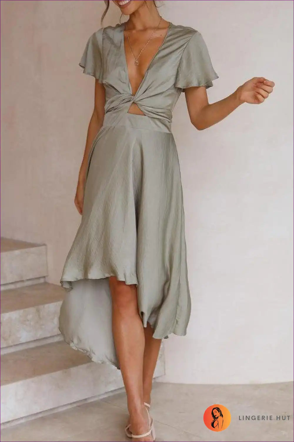 Midi Dress with Twisted Front Detail - Sophisticated Edge for A-line, All Season, Casual, Cutout, Date Night