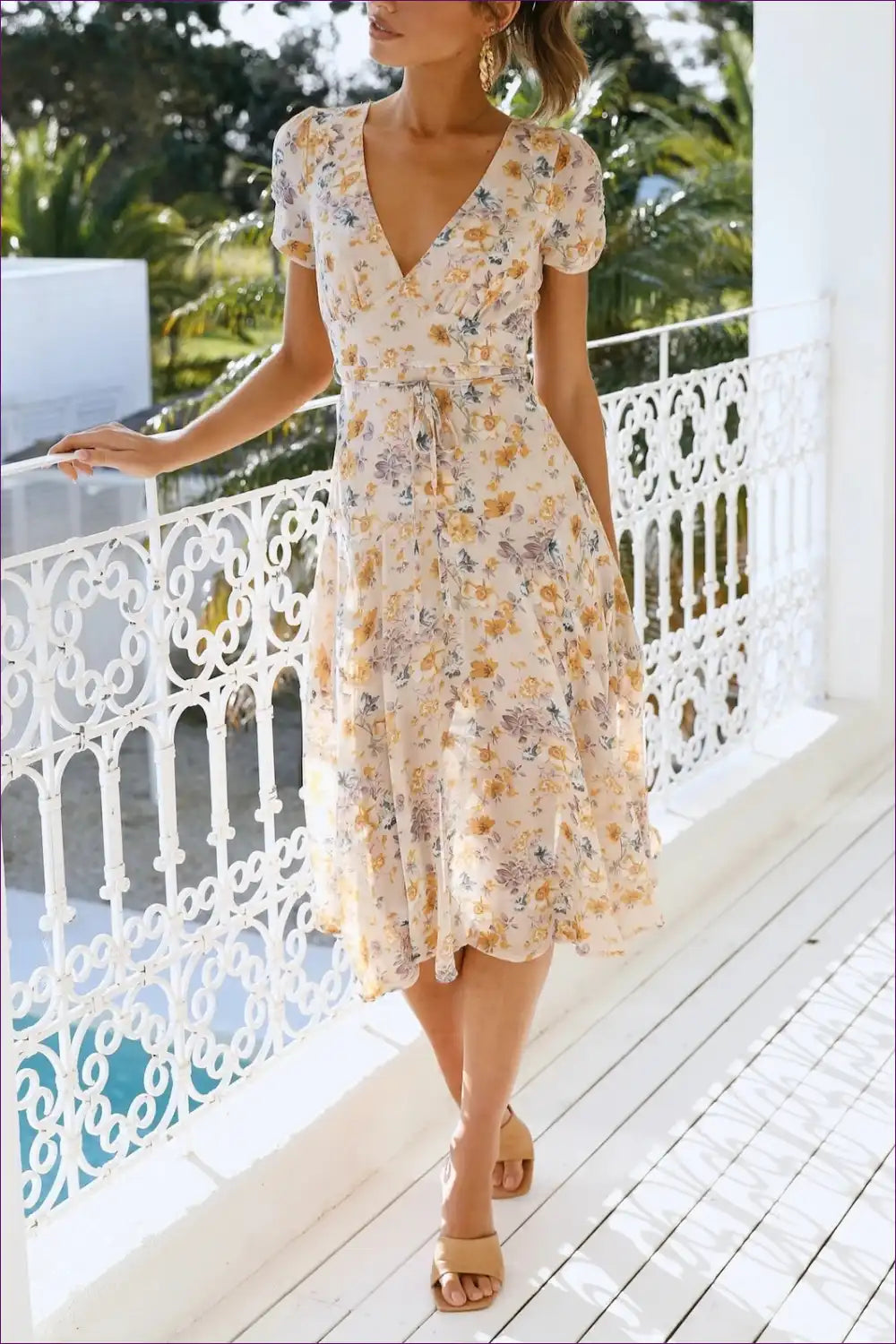 Midi Dress with Wrap Neckline - Countryside Elegance for A-line, Boho, Casual, Dress, Floral