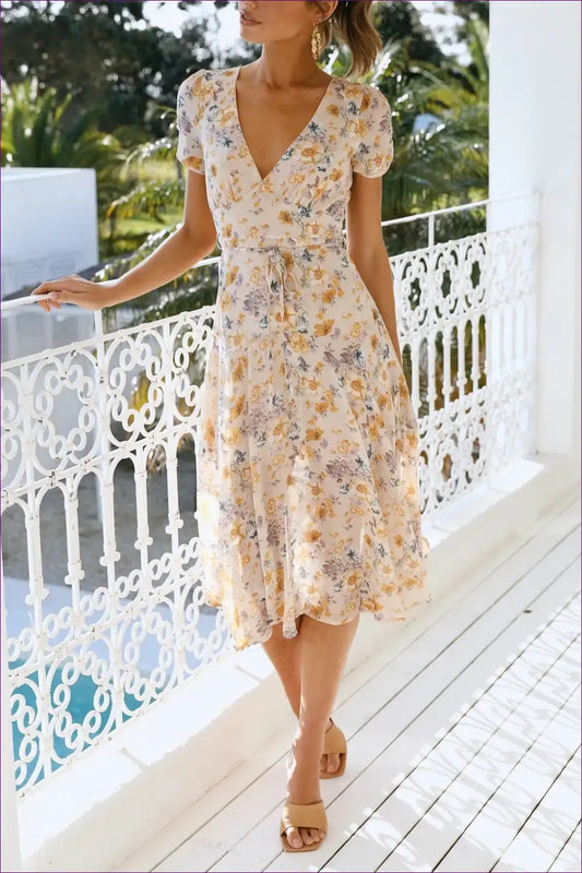 Midi Dress with Wrap Neckline - Countryside Elegance for A-line, Boho, Casual, Dress, Floral
