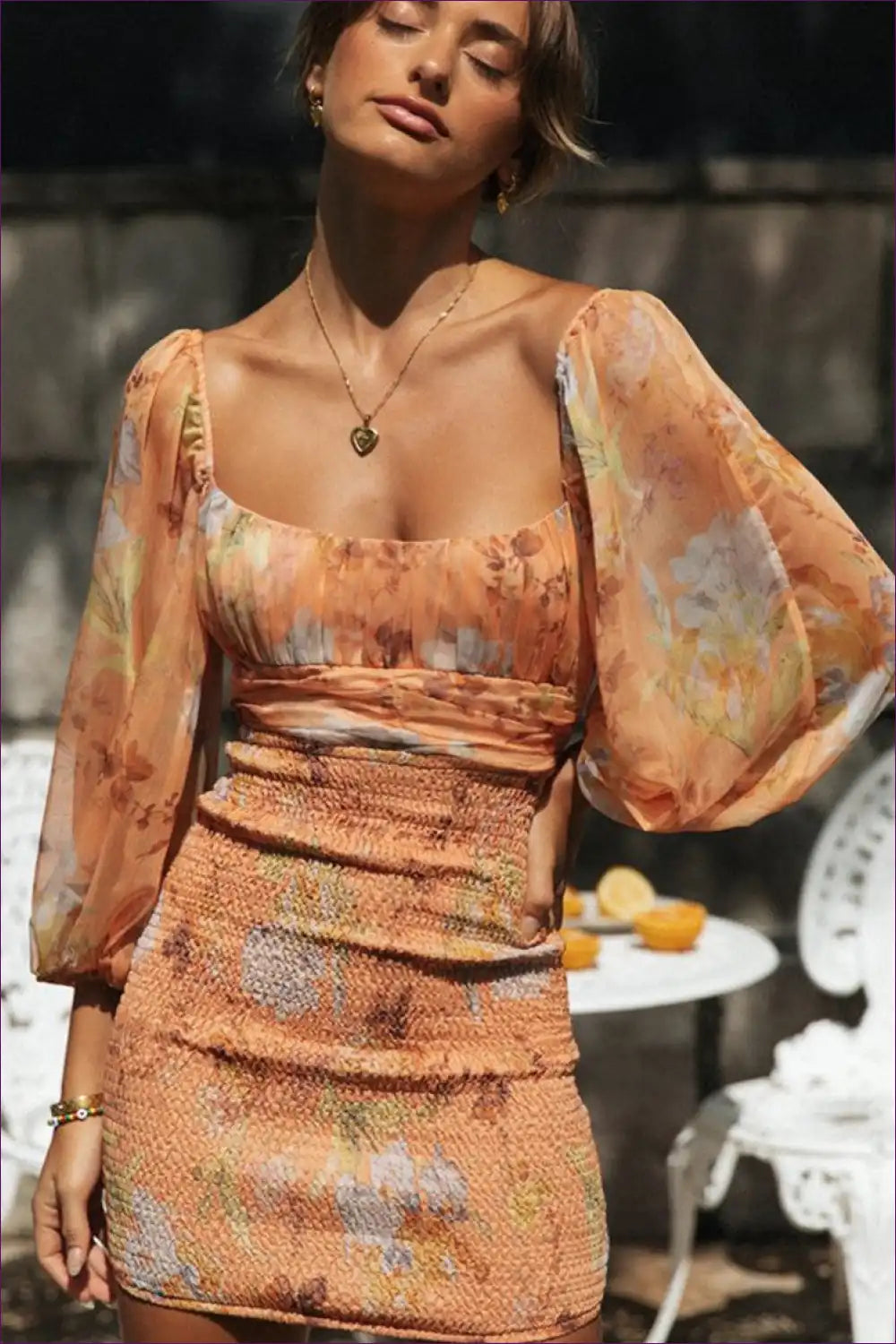 Mini Dress with Balloon Sleeves - Artistic Expression for Boho, Cutout, Dress, Floral, Glamour