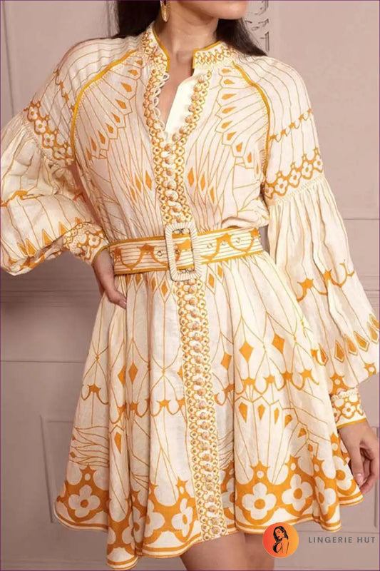 Mini Dress with Balloon Sleeves - Bohemian Wandering for A-line, Autumn, Boho, Casual,