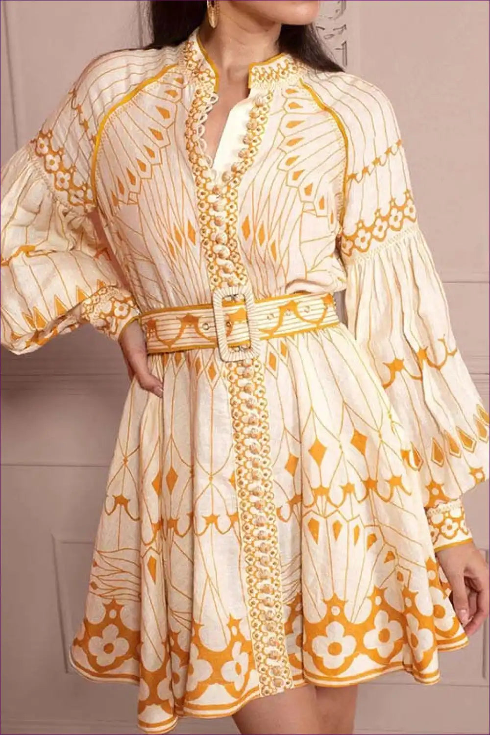 Mini Dress with Balloon Sleeves - Bohemian Wandering for A-line, Autumn, Boho, Casual,