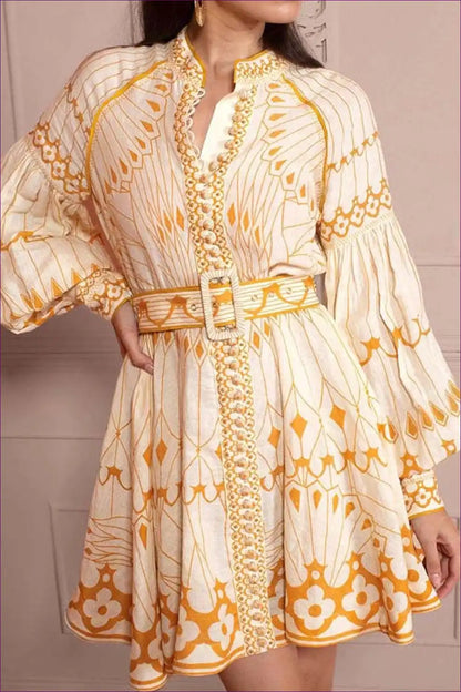 Mini Dress with Balloon Sleeves - Bohemian Wandering for A-line, Autumn, Boho, Casual,