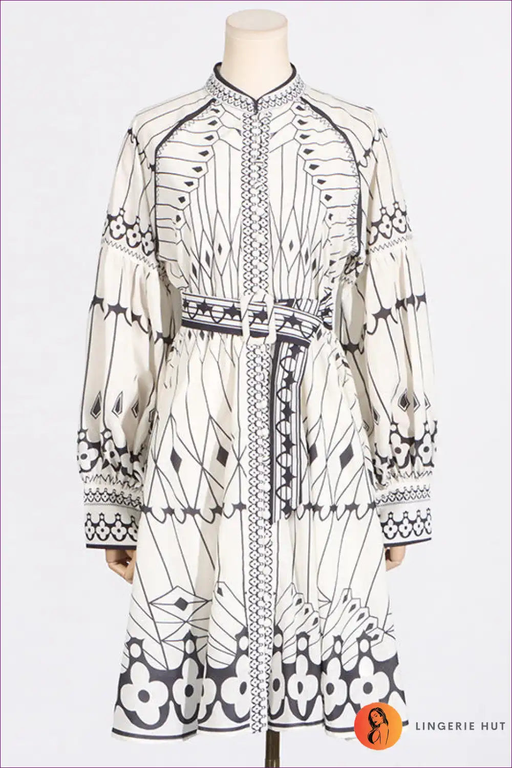 Mini Dress with Balloon Sleeves - Bohemian Wandering for A-line, Autumn, Boho, Casual,