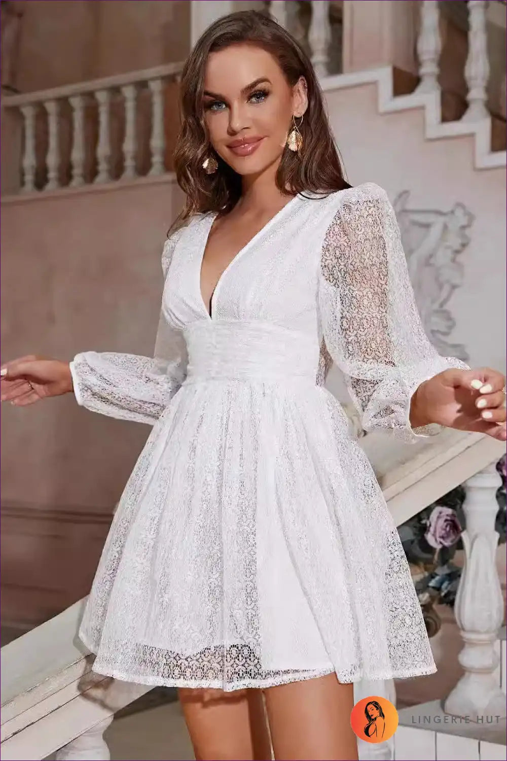 Mini Dress with Balloon Sleeves - Romantic Evenings for Backless, Date Night, Dress, Evening Wear, Floral