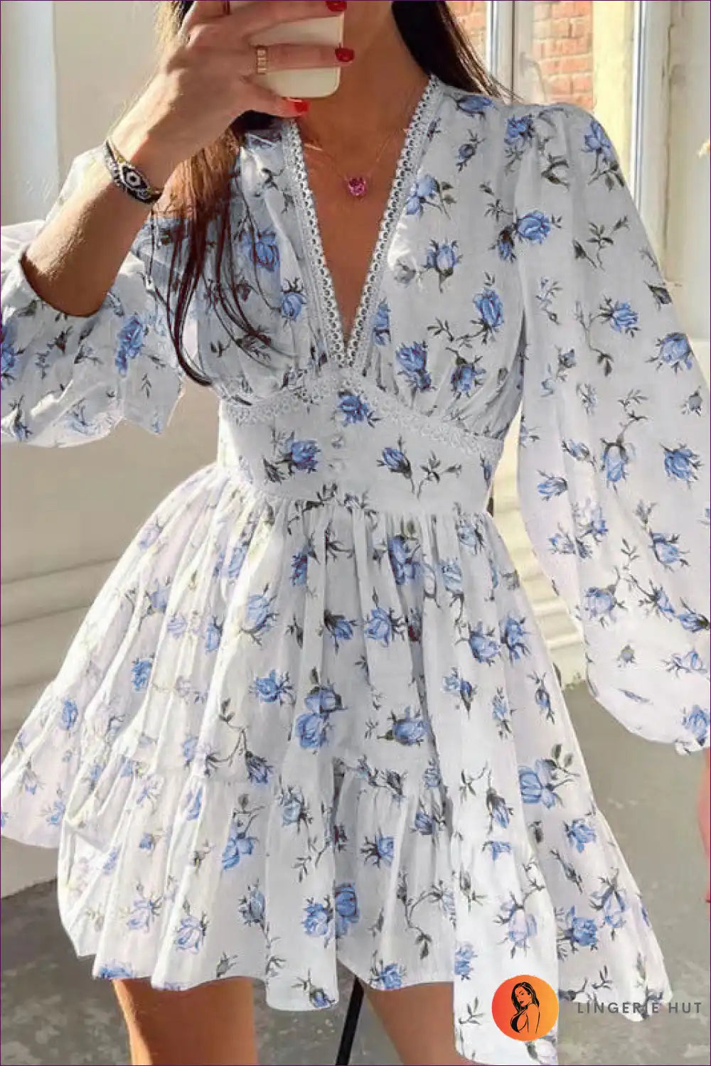 Mini Dress with Balloon Sleeves - Romantic Garden Party for A-line, Casual, Chiffon, Dress, Everyday