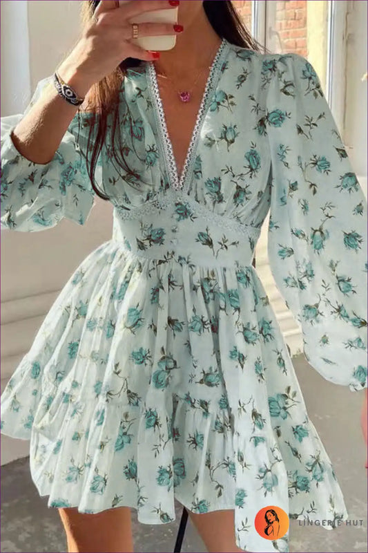 Mini Dress with Balloon Sleeves - Romantic Garden Party for A-line, Casual, Chiffon, Dress, Everyday