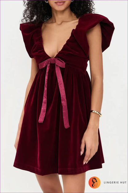 Velvet Bow Mini Dress - Evening Glamour Modern Romance - Xs / Burgundy - Dresses - A-line • Autumn • Date Night