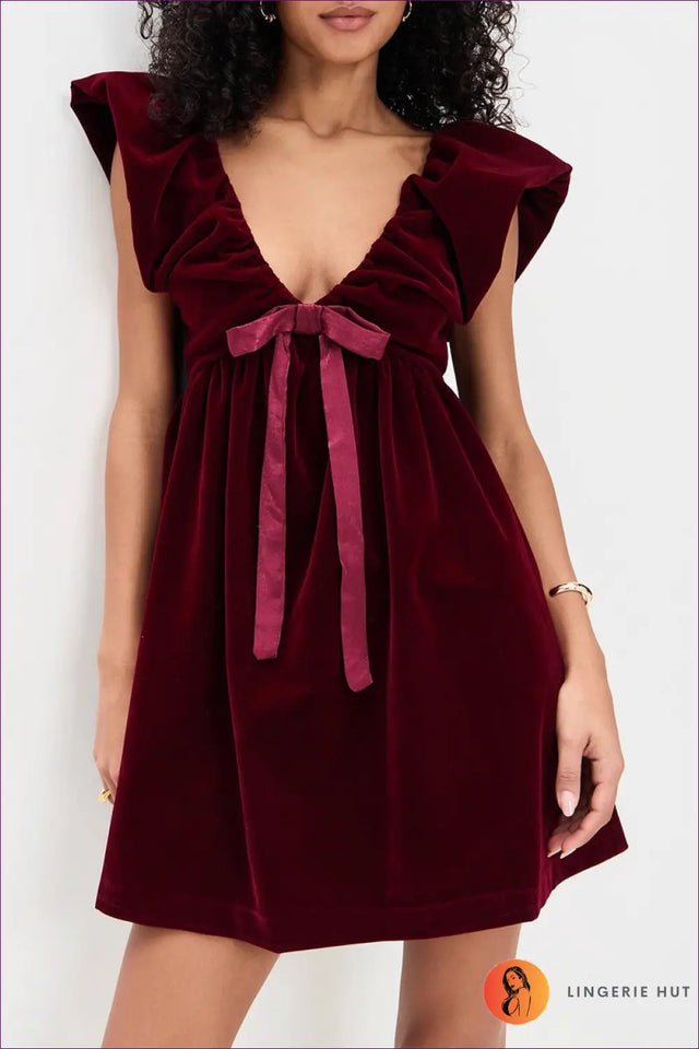 Velvet Bow Mini Dress - Evening Glamour, Modern Romance