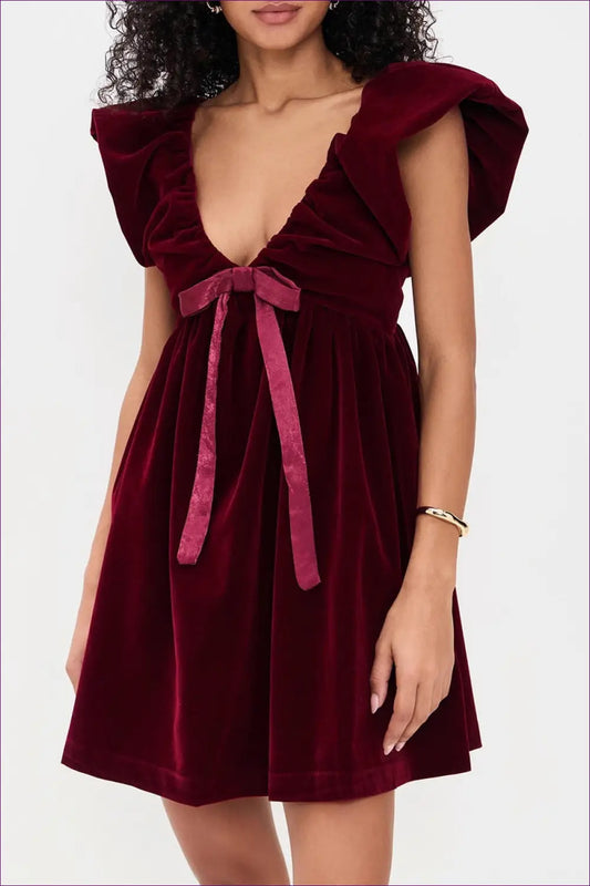 Velvet Bow Mini Dress - Evening Glamour Modern Romance - Dresses - Lingerie Hut - A-line • All Season • Autumn • Date