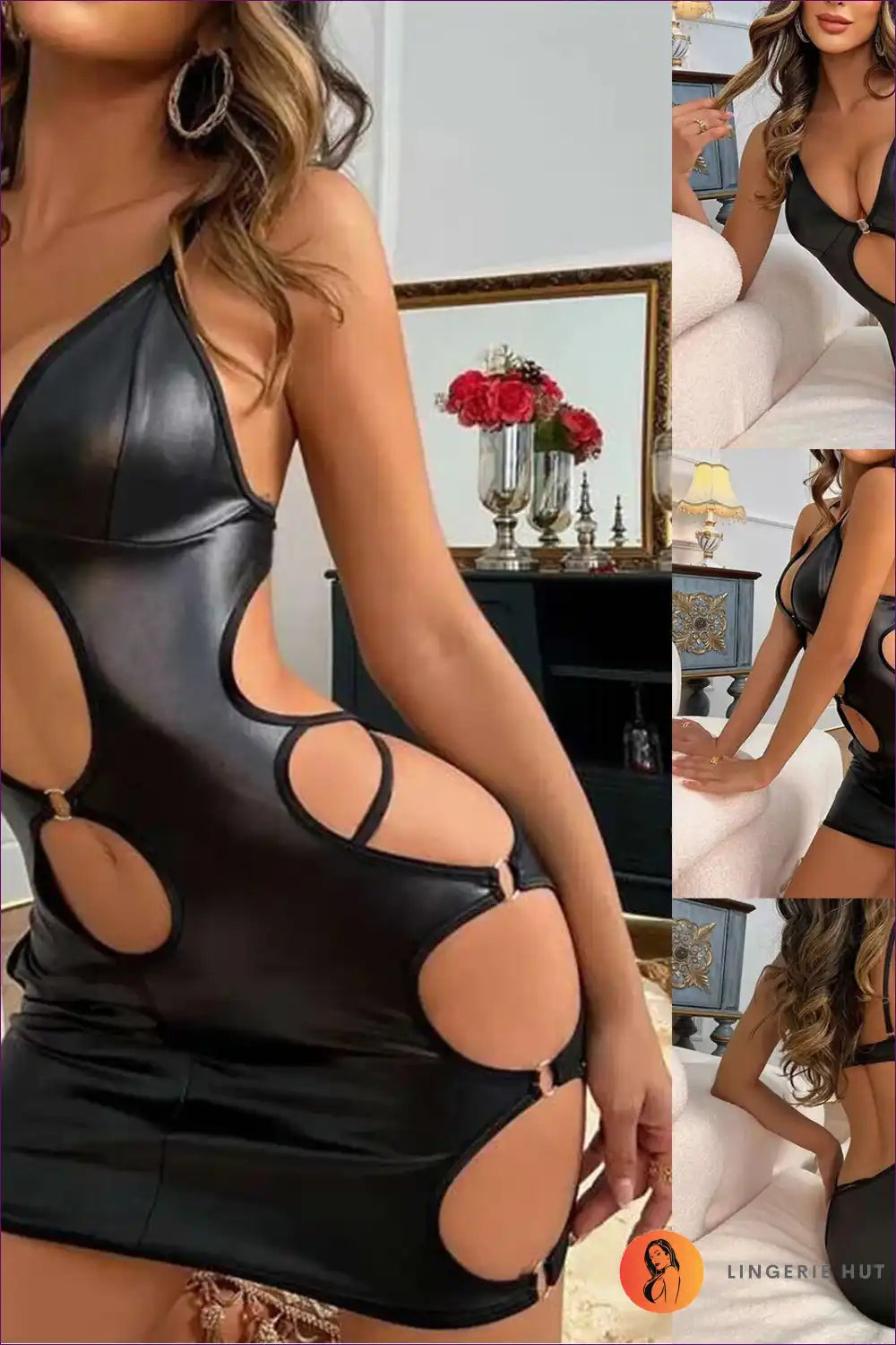 Mini Dress with Cut-out Rings and Glossy Finish - After Dark Energy for Bodycon, Clubwear, Cutout, Date