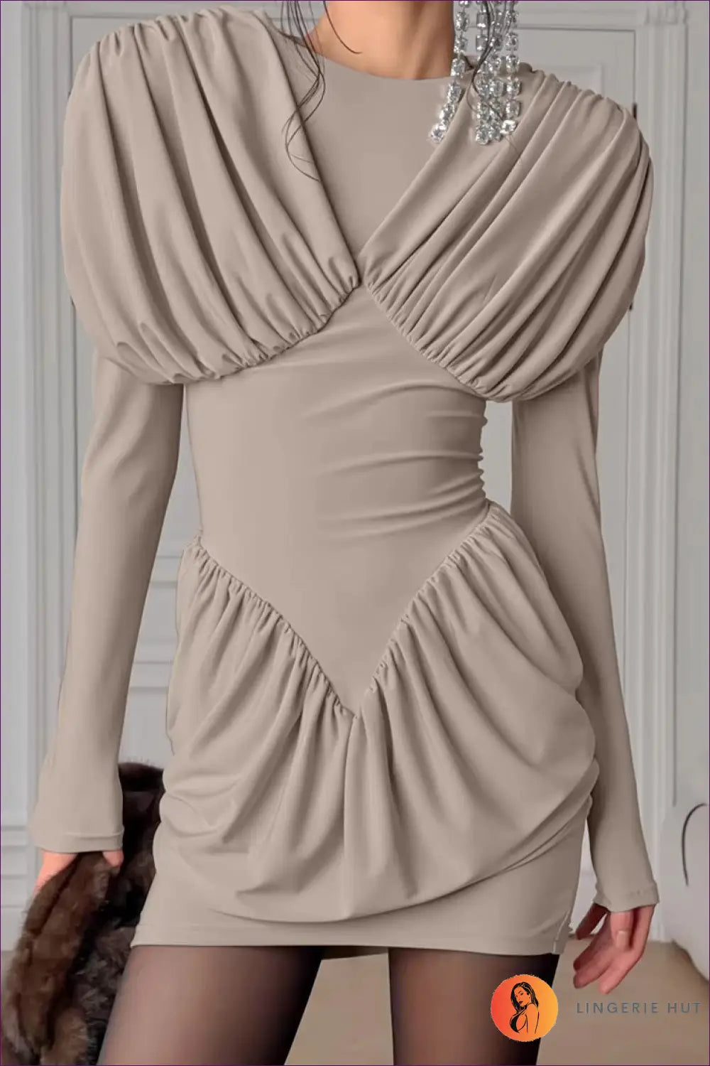 Mini Dress with Draped Detailing - Modern Minimalism - s / Khaki - Dresses - Lingerie Hut - All Season • Bodycon
