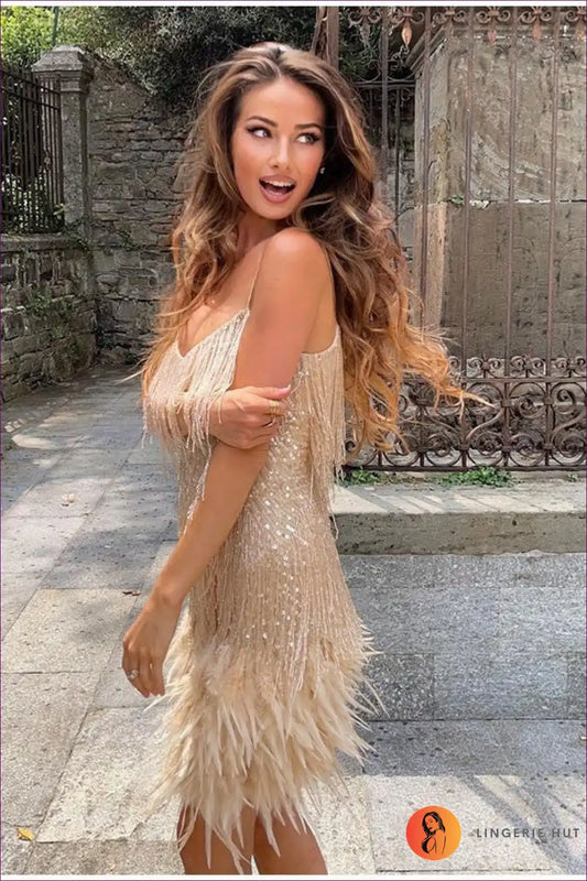 Mini Dress with Feather Trim - Celebration Ready for Bodycon, Clubwear, Dress, Evening Wear, Formal Wear