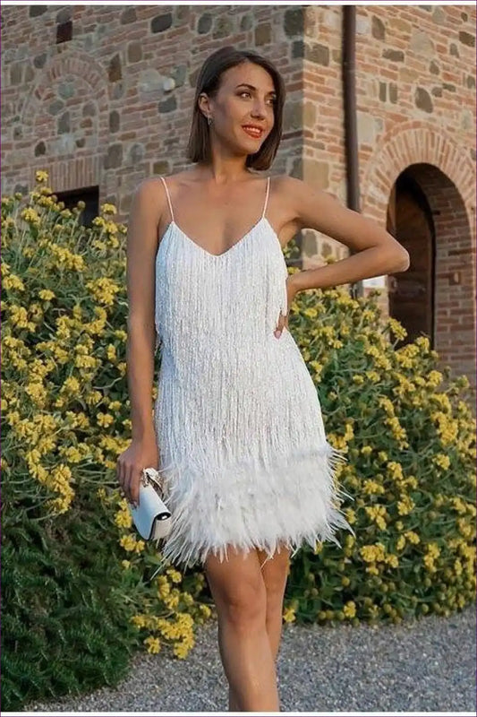 Mini Dress with Feather Trim - Celebration Ready for Bodycon, Clubwear, Dress, Evening Wear, Formal Wear