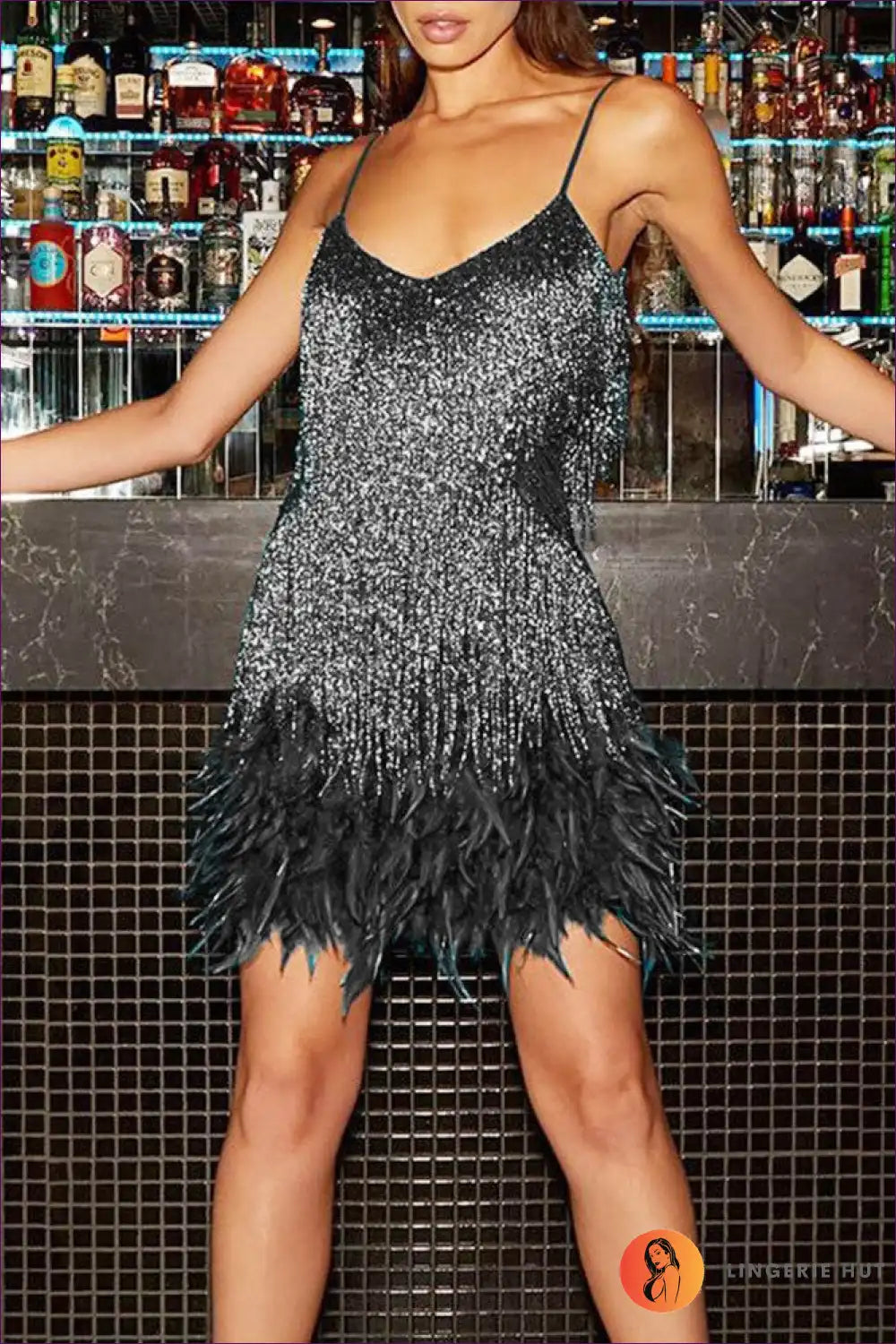 Mini Dress with Feather Trim - Celebration Ready for Bodycon, Clubwear, Dress, Evening Wear, Formal Wear