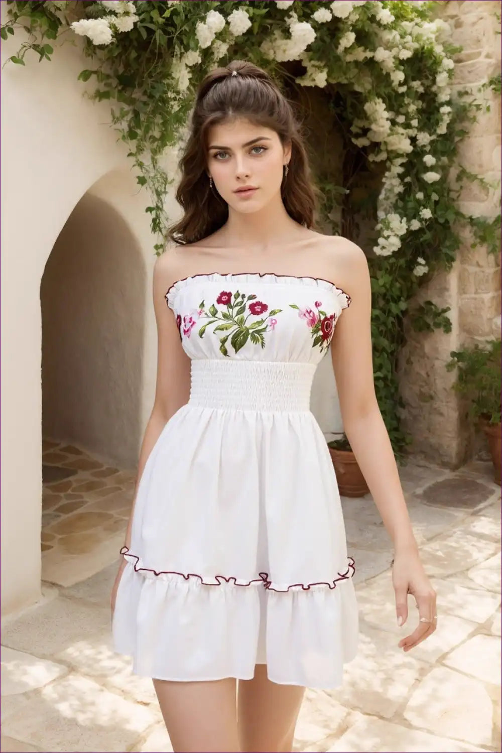 Mini Dress with Floral Embroidery - Garden Romance for A-line, Casual, Cotton, Dress,