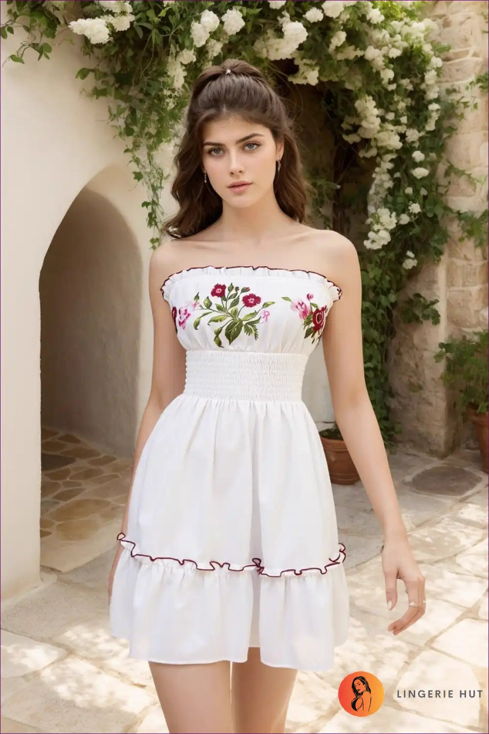Mini Dress with Floral Embroidery - Garden Romance for A-line, Casual, Cotton, Dress,