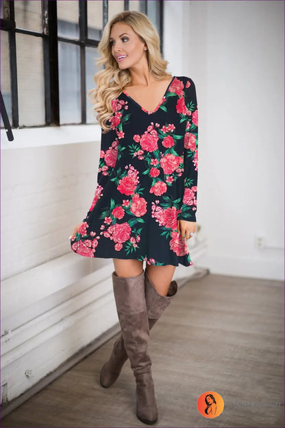 Floral A-line Mini Dress - Effortless Romance Anywhere - s / Black Red Flower - Dresses - Lingerie Hut - All Season