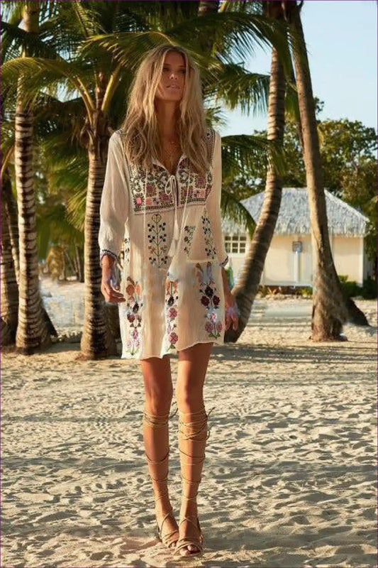 Mini Dress with Folk Embroidery - Festival Wanderer for A-line, Autumn, Boho, Casual, Cotton