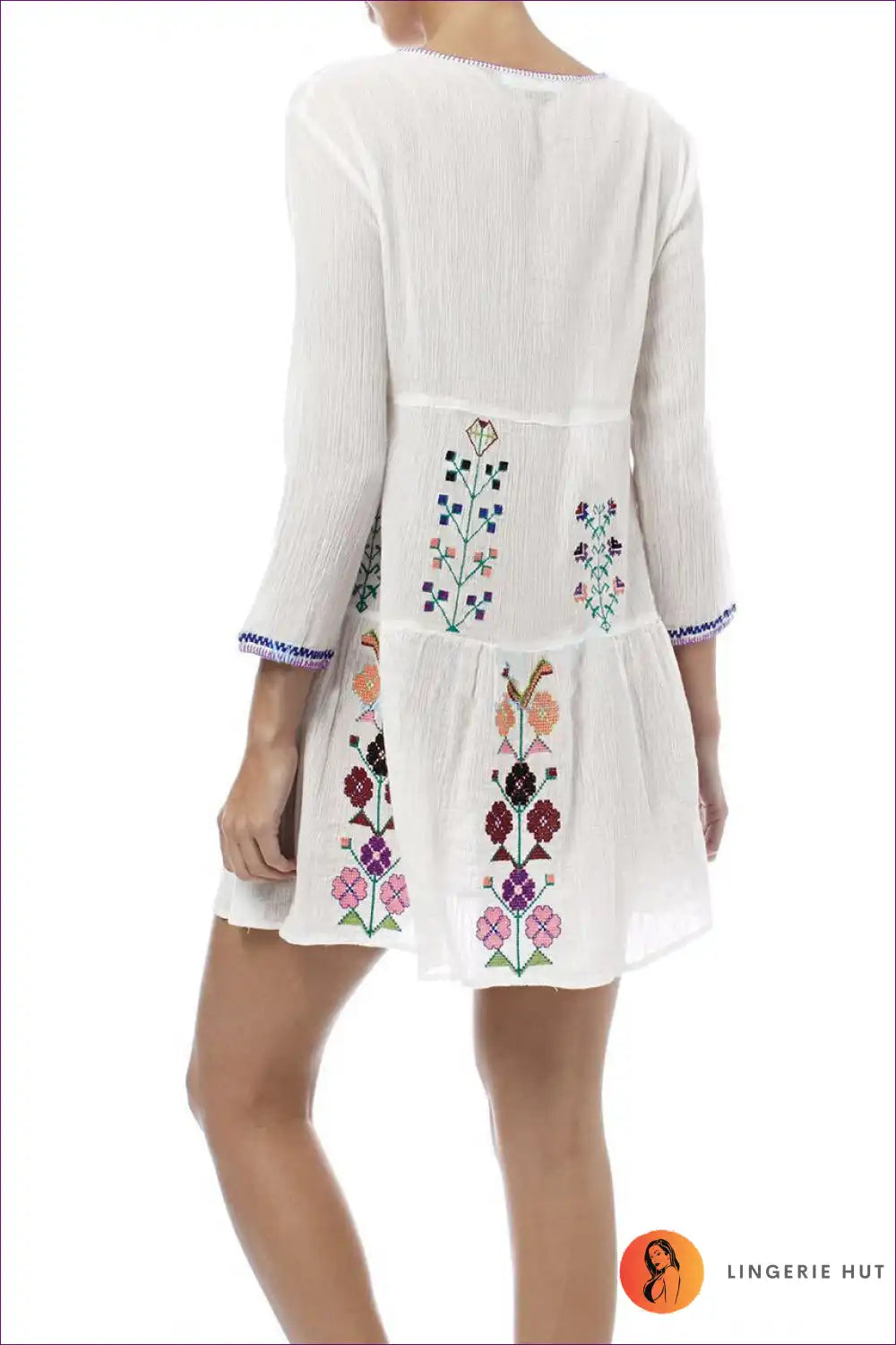 Mini Dress with Folk Embroidery - Festival Wanderer for A-line, Autumn, Boho, Casual, Cotton