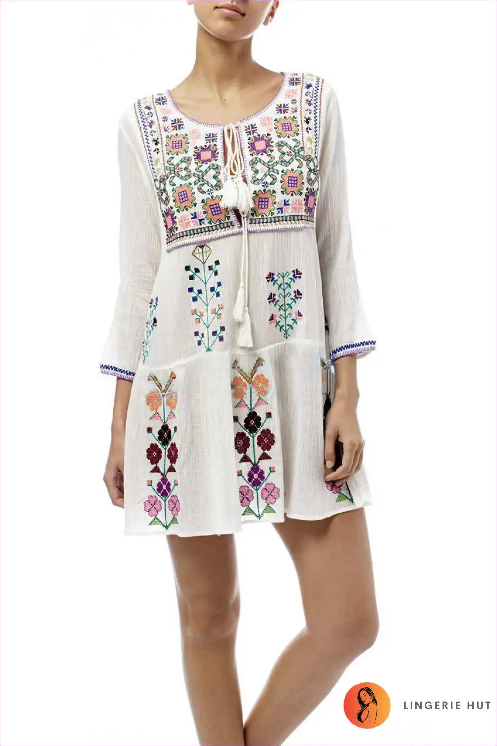 Mini Dress with Folk Embroidery - Festival Wanderer for A-line, Autumn, Boho, Casual, Cotton
