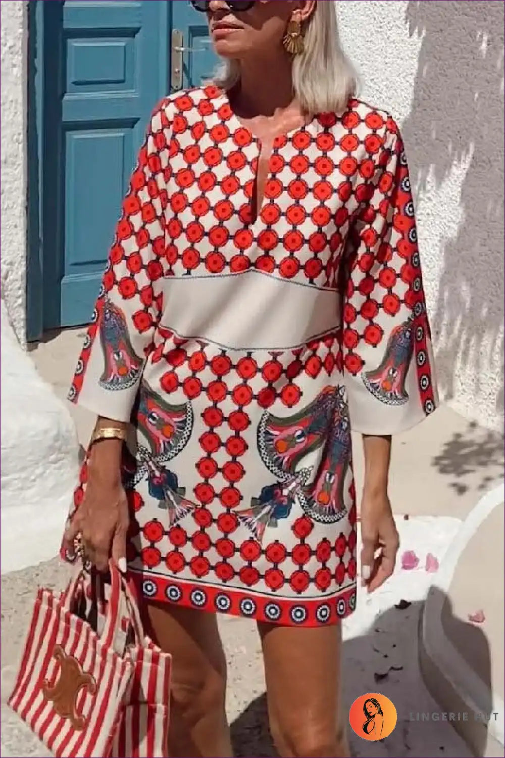 Mini Dress with Geometric Print - Cultural Sophistication for A-line, All Season, Autumn, Bodycon, Casual