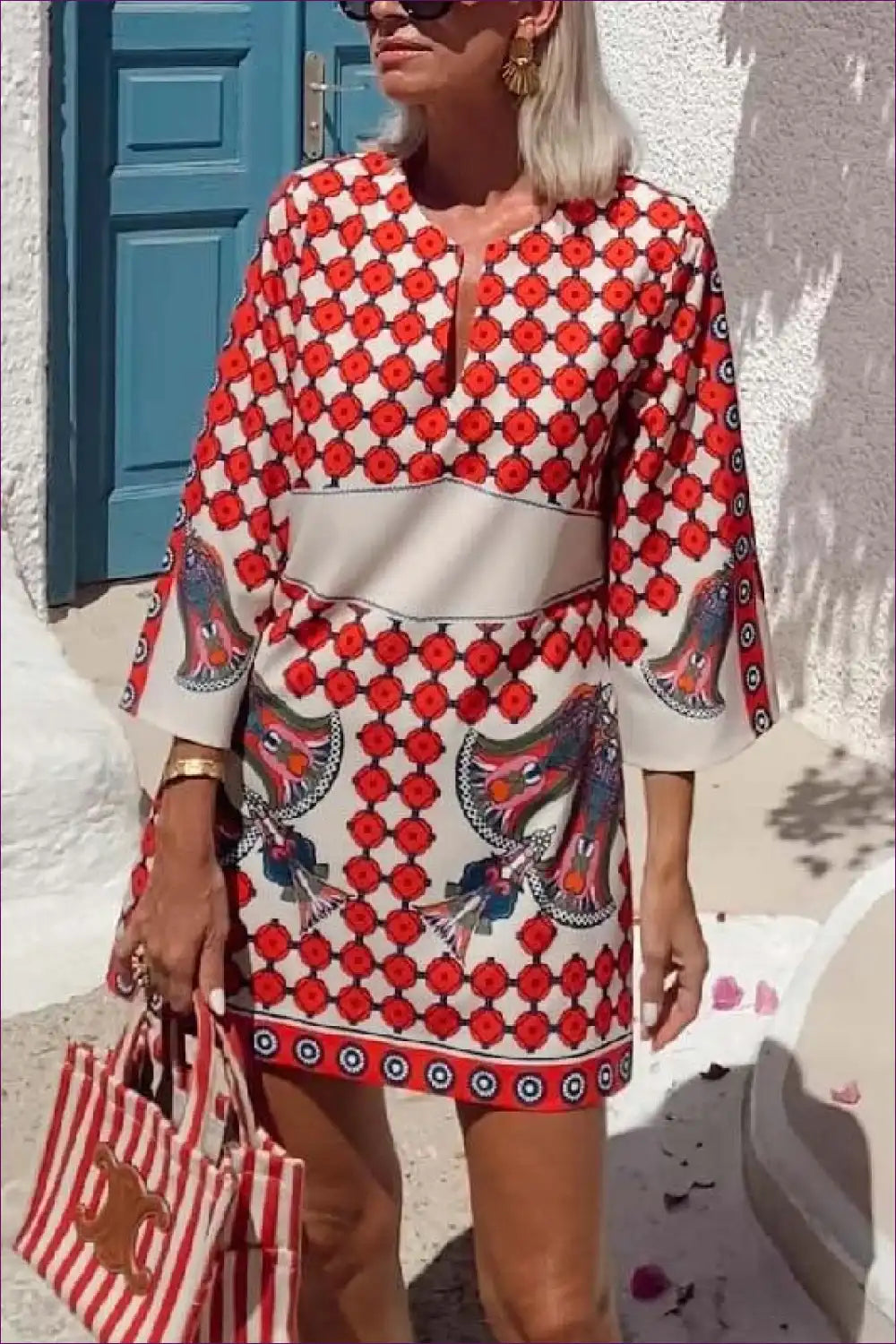 Mini Dress with Geometric Print - Cultural Sophistication for A-line, All Season, Autumn, Bodycon, Casual